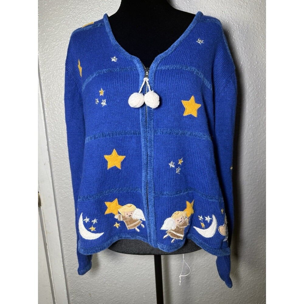 Vtg Quacker Factory Style Blue Angel Celestial embroidered Zip Sweater Size L